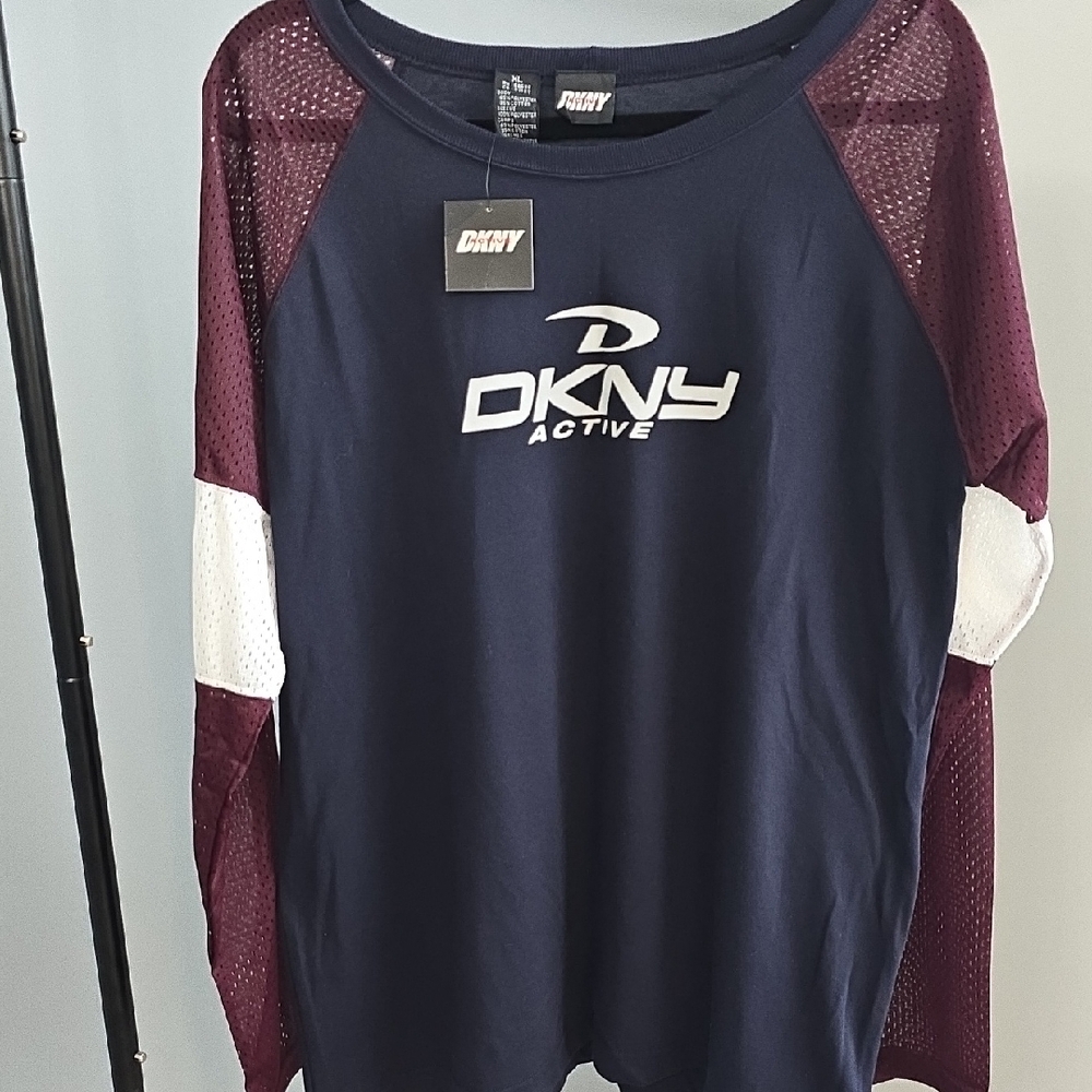 NWT Vintage DKNY Navy Long-Sleeve Athletic JERSEY with Burgundy Mesh Sleeves XL